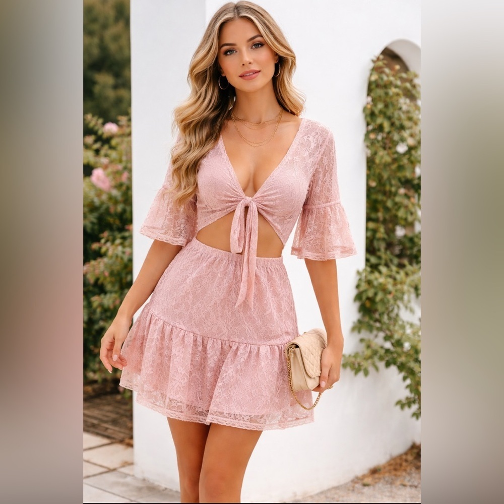 Free People Blush Pink Lace Bow Front Mini Dress Romantic Feminine Party Dress